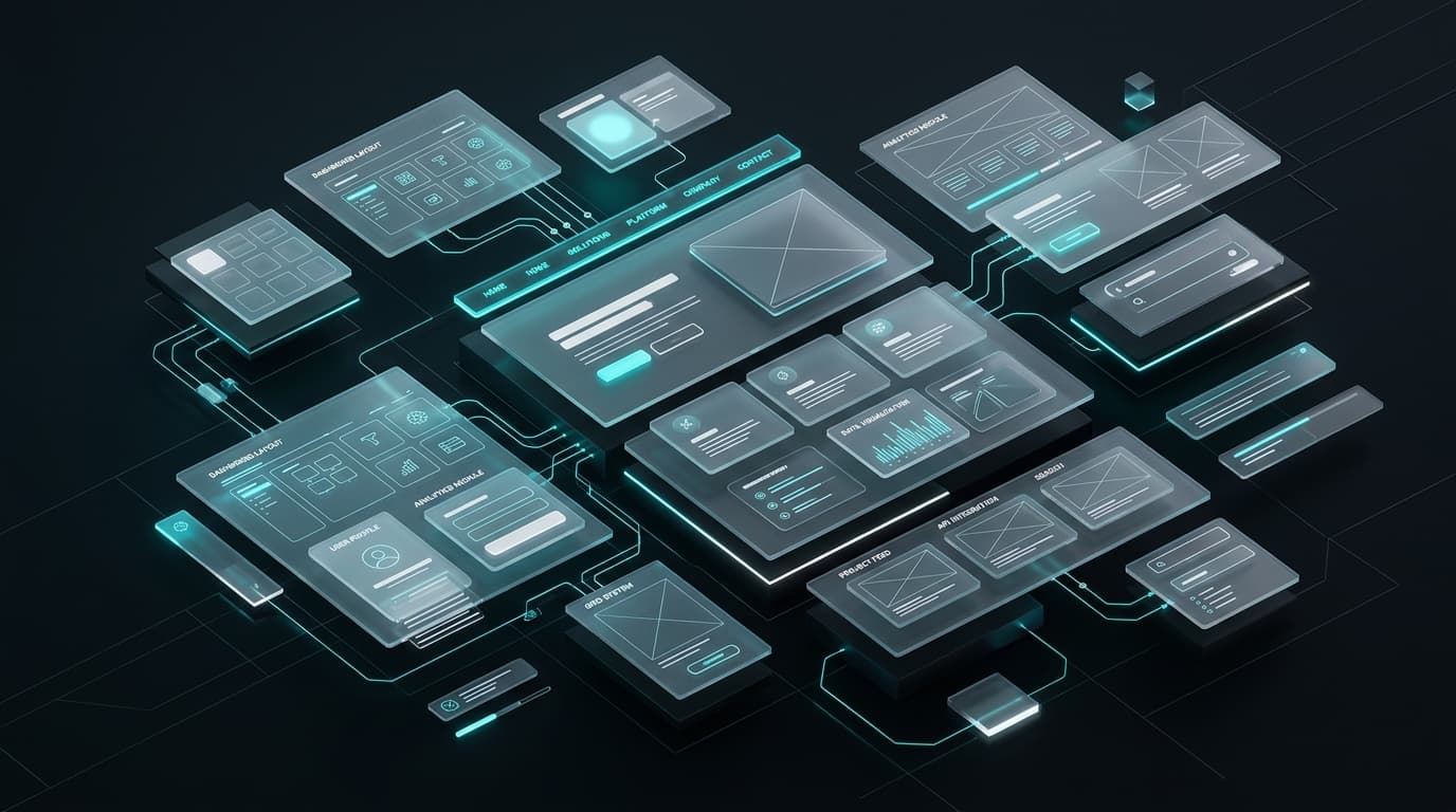 3D custom website architecture with modular wireframe blocks and dark UI aesthetics